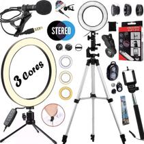 Kit Blogueiro Completo Luz Anel Iluminador Ring Light Filmagem no Celular Tripé Selfie Makeup Vlog Gravação Profissional