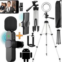 Kit Blogueiro Tripé Câmera Suporte de Celular + Microfone Sem Fio Android Filmagem Luz Led Ring Light Foto Vídeo Selfie