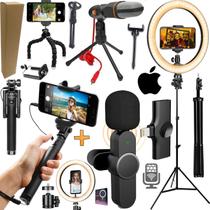 Kit Blogueiro Tripé Microfone Filmagem No Smartphone iPhone Bastão de Selfie Universal Gravação Ring Light Led Anel 26cm