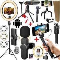 Kit Blogueiro Tripé Microfone Lapela Sem Fio Tipo C Filmagem no Celular Android Bastão Selfie + Luz Led Ring Light Vídeo Kit Blogueiro Tripé Microfone Lapela Sem Fio Tipo C Filmagem no Celular Android Bastão Selfie + Luz Led Ring Light Vídeo