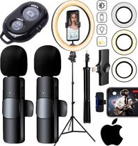Kit Blogueiro Tripé Profissional Gravação Microfone Lapela Duplo Sem Fio iPhone + Luz Iluminador Led Filmagem No Celular