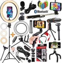 Kit Blogueiro Tripé Profissional Luz de Led Iluminador Hing Light Celular Lapela Microfone Condensador Foto Vídeo Selfie