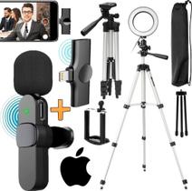 Kit Blogueiro Tripé Profissional + Microfone Lapela Sem Fio iOS Luz Luminária Led Foto Gravação Vídeo Selfie Youtuber