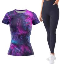 Kit Blusa Camiseta Feminina Academia Feminina Calça Legging Preta Cinza Pilates Funcional Cós alto