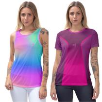 Kit Blusa Camiseta Feminina academia Regata fitness estampada Beach Tennis Esportiva