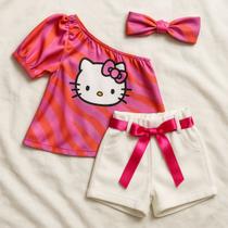 Kit Blusa Infantil de um Ombro só Retrô Com estampa da Hello Kitty Faixa Para Cabelo e Shorts Branco