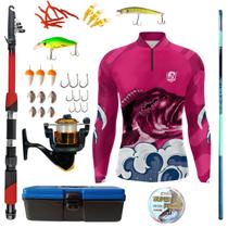 Kit Blusa Pesca Masculina Mais Artigos Para Pescaria Vara Telescopica Isca Molinete Proteção UV50