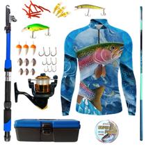 Kit Blusa Pesca Masculina Mais Artigos Para Pescaria Vara Telescopica Isca Molinete Proteção UV50