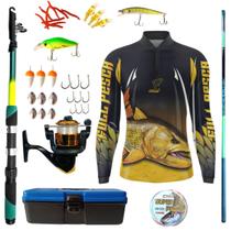 Kit Blusa Pesca Masculina Mais Artigos Para Pescaria Vara Telescopica Isca Molinete Proteção UV50