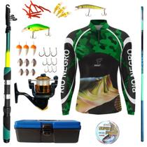 Kit Blusa Pesca Masculina Mais Artigos Para Pescaria Vara Telescopica Isca Molinete Proteção UV50