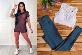 KIT blusa tule preta + calca legging fitness azul M