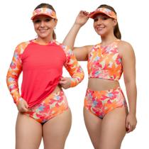 Kit Blusa Uv + Top com Bojo + Hot Pant Praia Fitness + Brinde Viseira Estampado