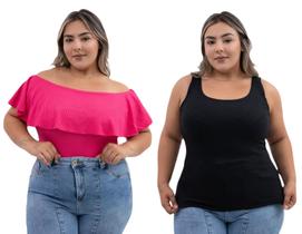 Kit Blusas Femininas Plus Size Regata Canelada E Blusa Babado Ombro A Ombro