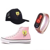Kit Bob Esponja Meninos E Meninas Tênis Boné Relógio Kit Bob Esponja Meninos E Meninas Tênis Boné Relógio
