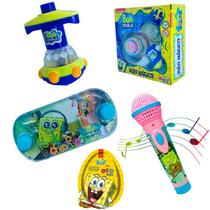 Kit Bob Esponja Pião Jogo Glub Glub Microfone Ovo Surpresa