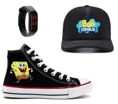 Kit Bob Esponja Tênis Lançamento Infantil + Relógio E Boné Kit Bob Esponja Tênis Lançamento Infantil + Relógio E Boné