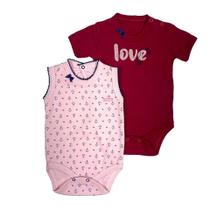Kit body 2 peças body regata bebê rosa estampado corações e âncoras e body curto vermelho bordado love