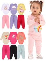 Kit Body 6 Peças de Roupas para Bebê Menina 3 Body longo 3 Calça Mijão Kit 3 Conjuntos Body