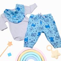 Kit body bebê com calça e bandana babador like on safari azul rn ao g