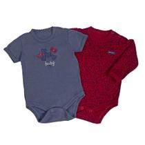Kit body bebê curto azul bordado baby e body longo vermelho estampado coração - 2 peças