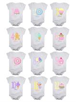 Kit body bebê mesversario manga curta estampa docinhos 12 bodies 1 a 12 meses Kit body bebê mesversario manga curta estampa docinhos 12 bodies 1 a 12 meses