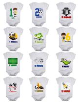 Kit body bebê mesversario manga curta estampa futebol 12 bodies 1 a 12 meses