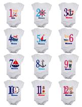 Kit body bebê mesversario manga curta estampa marinheiro 12 bodies 1 a 12 meses