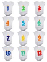 Kit body bebê mesversario manga curta números vela 12 bodies 1 a 12 meses