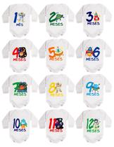 Kit body bebê mesversario manga longa estampa astronauta 12 bodies 1 a 12 meses Kit body bebê mesversario manga longa estampa astronauta 12 bodies 1 a 12 meses