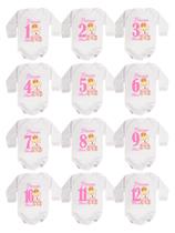 Kit body bebê mesversario manga longa estampa ursinha princesa 12 bodies 1 a 12 meses - Calupa