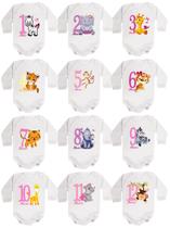 kit Body Bebê Mesversario Manga Longa Safari Bichinhos