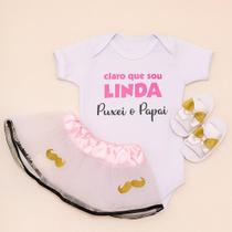 Kit Body Bebe Pai Com Saia Rosa Bigode e Sandalia Branca Kit Body Bebe Pai Com Saia Rosa Bigode e Sandalia Branca