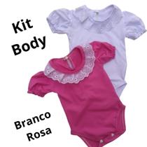 Kit Body Bebê Rosa e Branco Manga Curta Princesa 2 Unidades