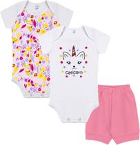 Kit Body Bermuda Bebê Branco Menina