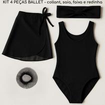 Kit Body Collant + Saia + Faixa e Redinha Infantil de cabelo para Ballet