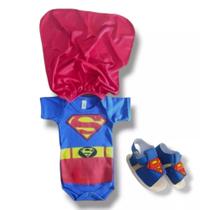 Kit Body Com Capa + Sandália Super Homem Bebê Herói