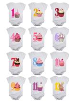 Kit Body de Bebê Mesversario Cupcake 12 Bodies de 1 a 12 Meses