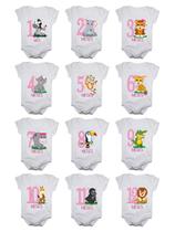 Kit body de bebê mesversario manga curta safari menina 12 bodies 1 a 12 meses - Calupa