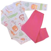 Kit Body Infantil Manga Longa Safari e Rosa RN a G - Algodão Premium Kit Body Infantil Manga Longa Safari e Rosa RN a G - Algodão Premium