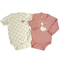 Kit body longo bebê rosa bordado princesa e body curto cru estampado e bordado coroa - 2 peças