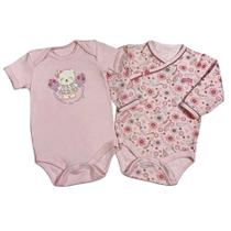 Kit body longo bebê rosa estampado flores e body curto bebê rosa estampado e bordado coroa - 2 peças