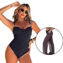 KIT Body Maiô Elegante Moda Praia com fivela Verão Blogueira + Saida de praia calça Crochê