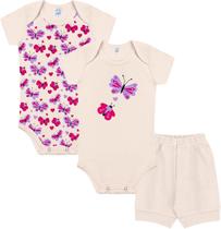 Kit Body Manga Curta 3 Peças Borboletas Suedine - Kappes