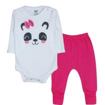 Kit Body Manga Longa Botão e Culote Bebê Menina Panda C/Laço