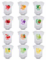 Kit Body Mesversario Manga Curta Frutas 12 Bodies de Bebê De 1 a 12 Meses