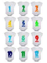 Kit body mesversario manga curta números chapéu 12 bodies de bebê 1 a 12 meses Kit body mesversario manga curta números chapéu 12 bodies de bebê 1 a 12 meses