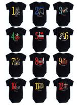 Kit Body Mesversario Manga Curta Rock In Roll 12 Bodies de Bebê 1 a 12 Meses