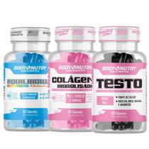 Kit Body Nutry Equilibrium, Colágeno Hidrolisado e Testo Feminy 3 Suplementos com 60 cápsulas cada pote