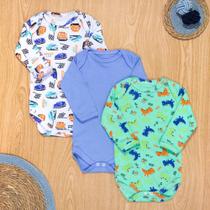 Kit Body para Bebê Menino Manga Longa 3 Pçs Estampadinho até 12 Meses