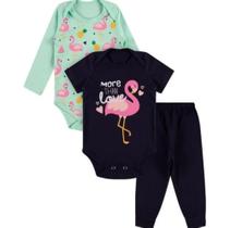 Kit Body roupa de bebe 3 peças Body Manga Longa e curta e calça Algodão flamingo Menina Kit Body roupa de bebe 3 peças Body Manga Longa e curta e calça Algodão flamingo Menina